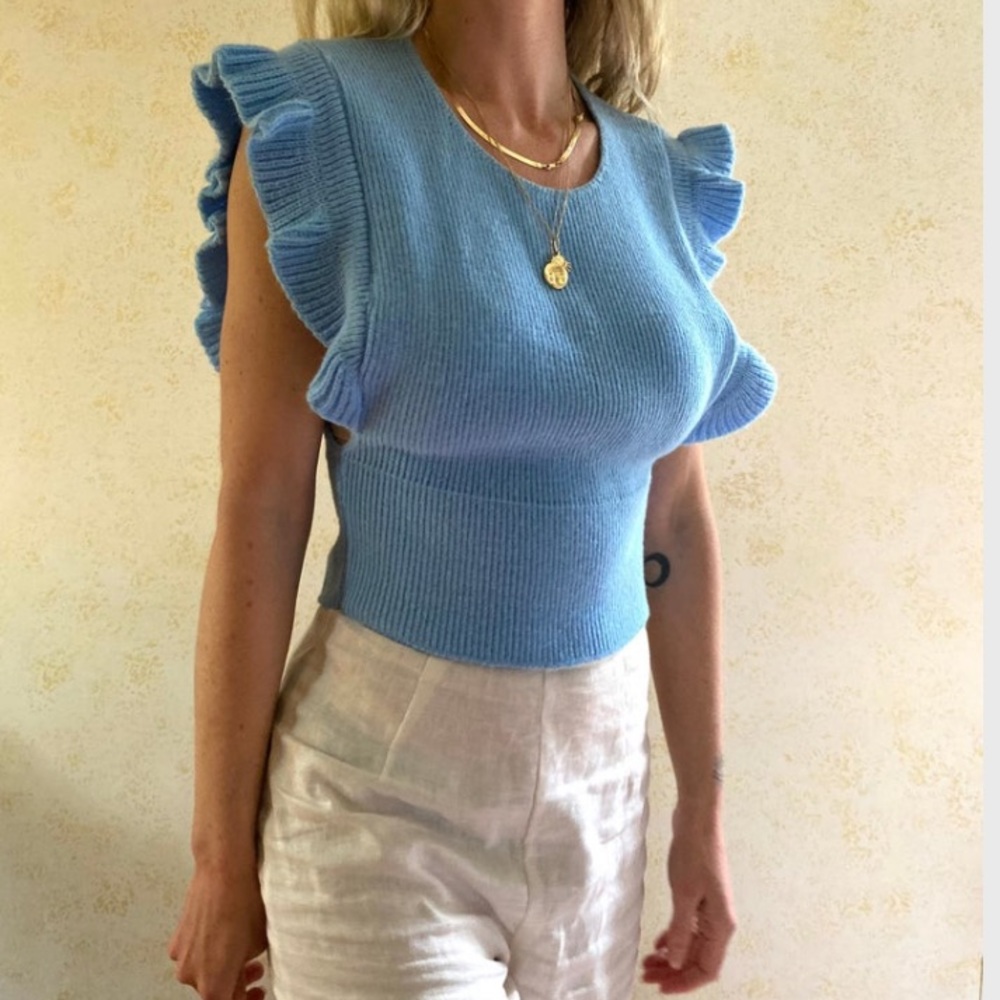 Vintage Blue Ruffled Knit Sweater Tank, Romantic Knit Sleeveless Top